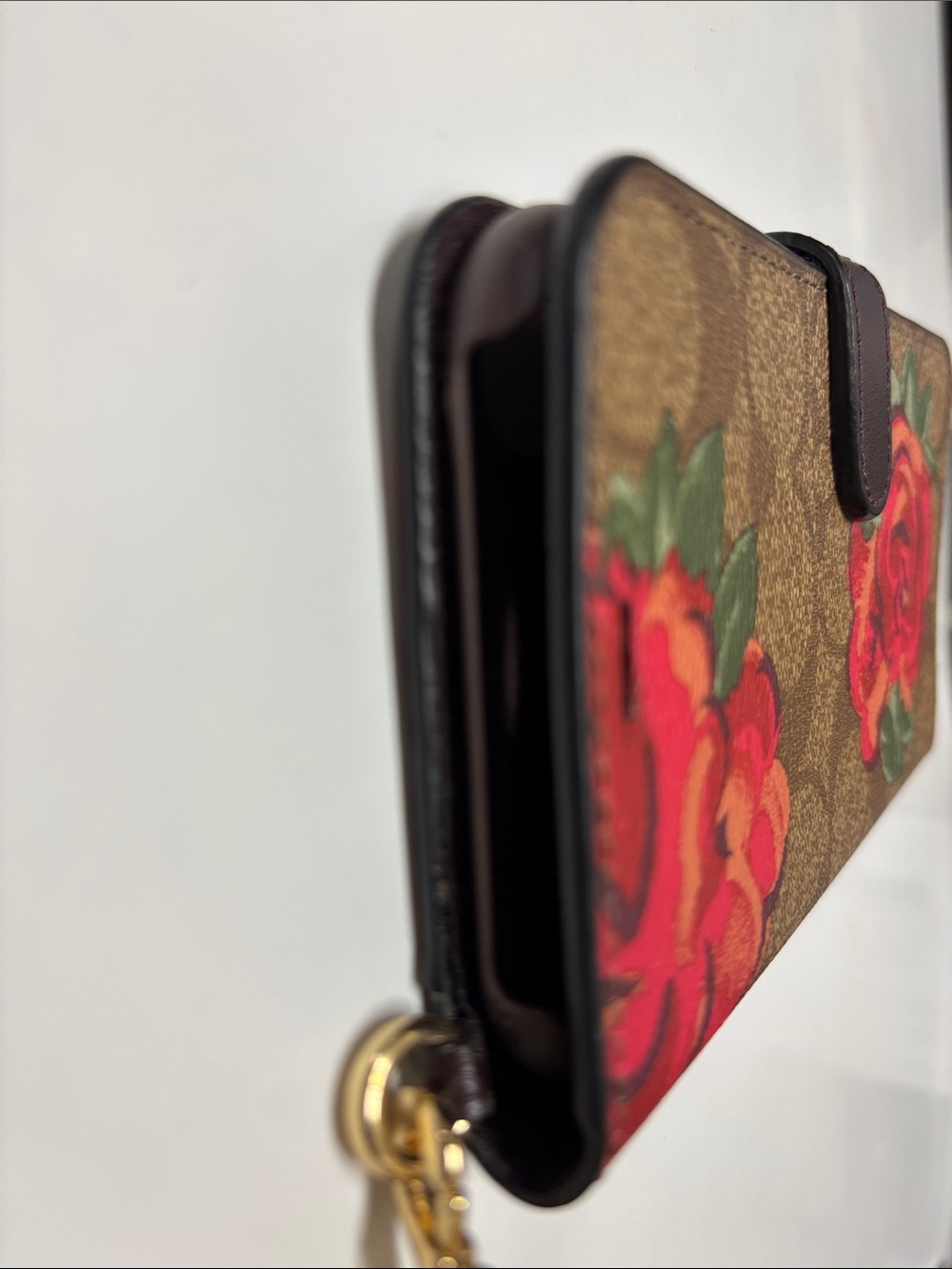 Coach Brown Signature Canvas Phone Wallet Case with Red Floral Print - Picture 7 of 10